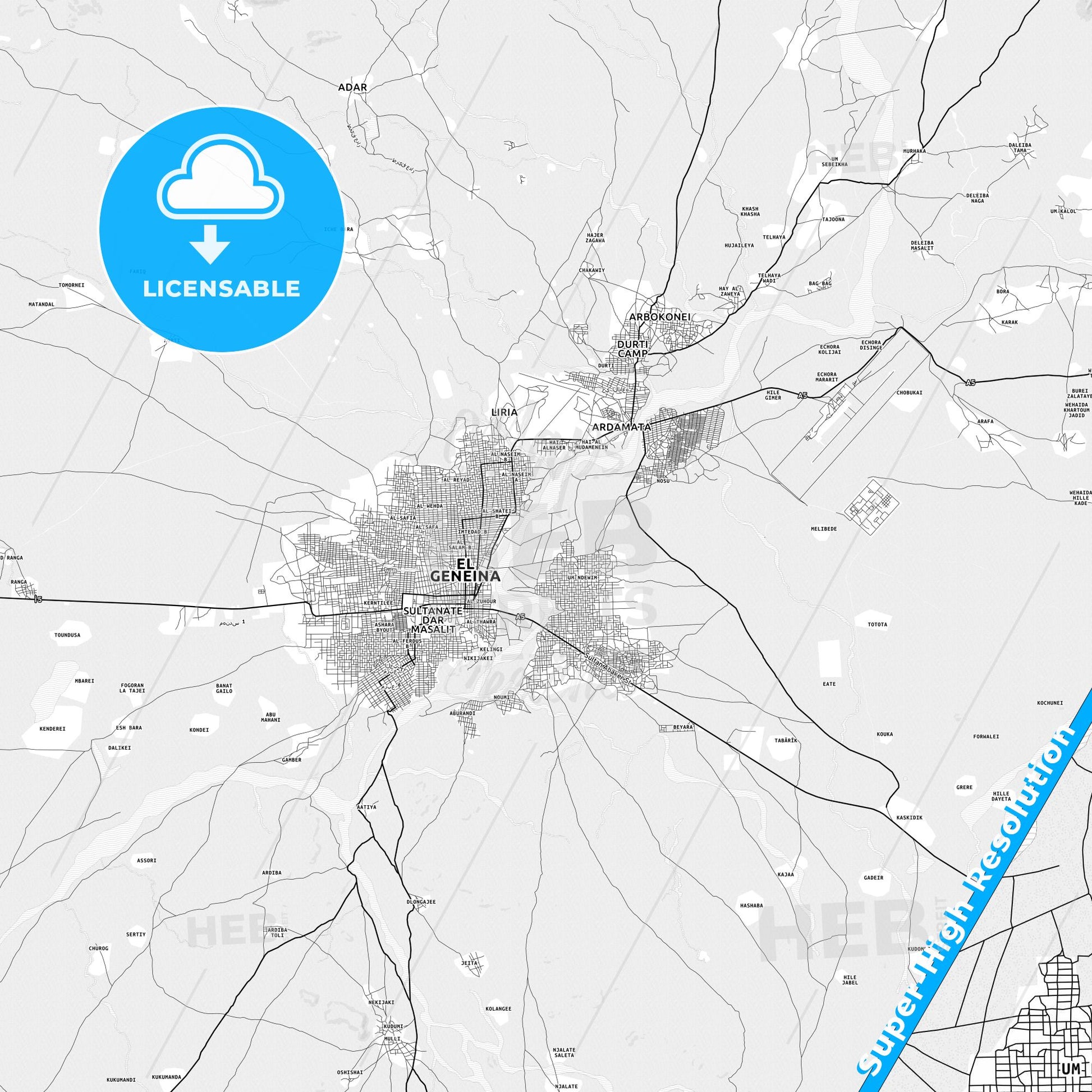 Geneina, Sudan light map with streetnames, citynames and districts