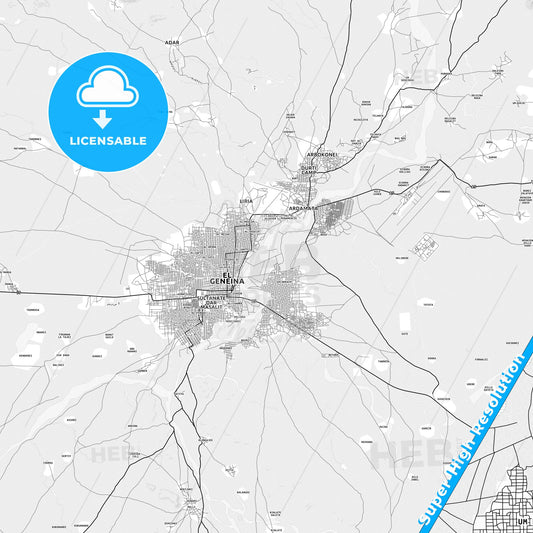 Geneina, Sudan light map with streetnames, citynames and districts