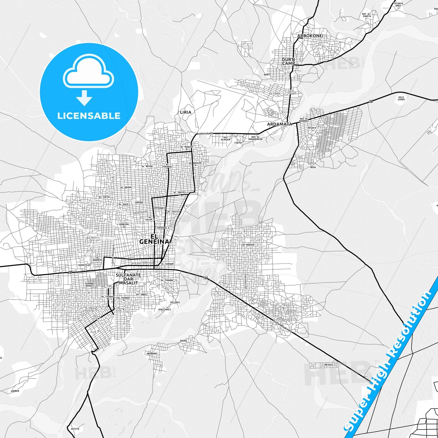 Geneina, Sudan Light Map with Street Names, City Names, and Districts