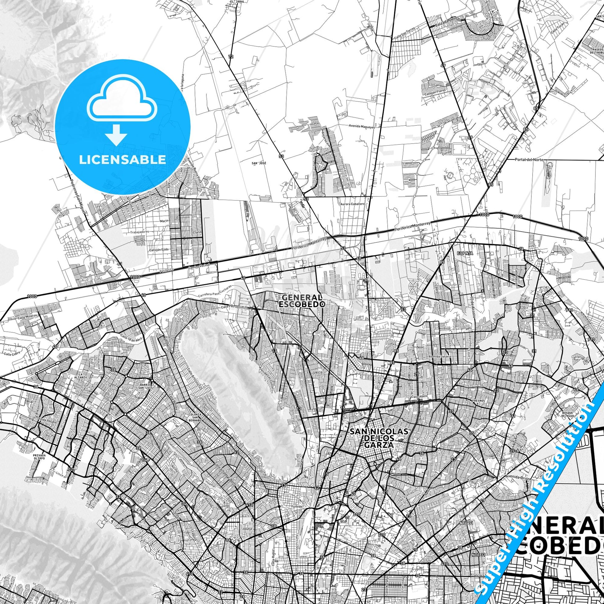 General Escobedo, Mexico light map with streetnames, citynames and districts