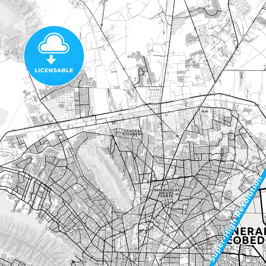 General Escobedo, Mexico light map with streetnames, citynames and districts