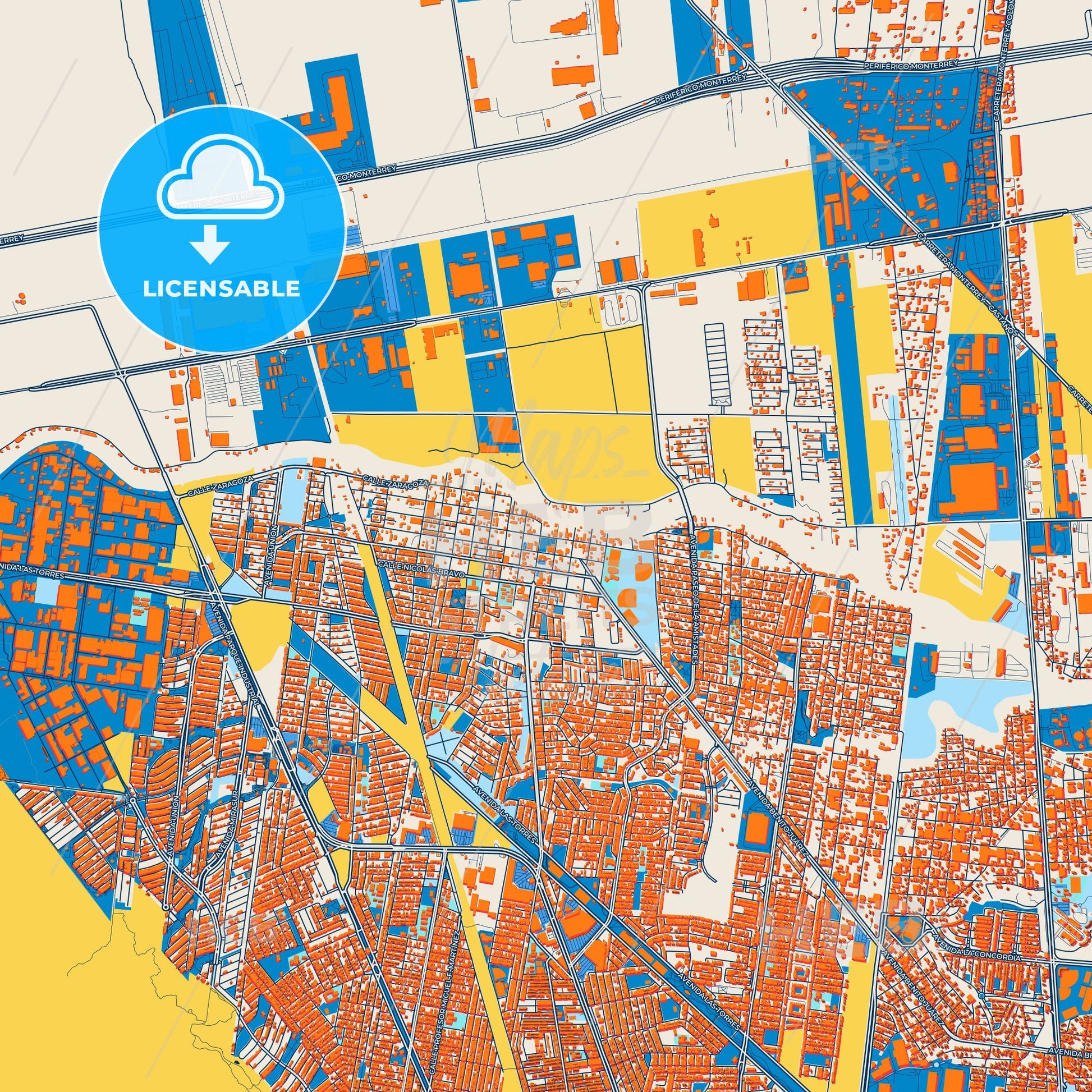 Colorful General Escobedo Street Map with Labels and Buildings