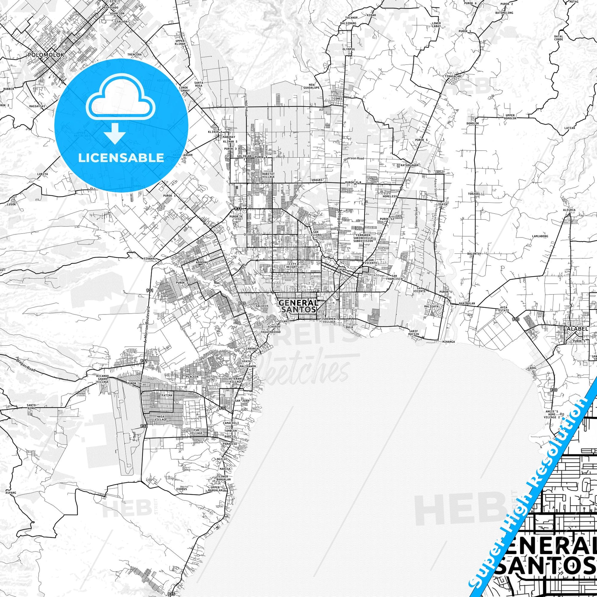 General Santos, Philippines light map with streetnames, citynames and districts