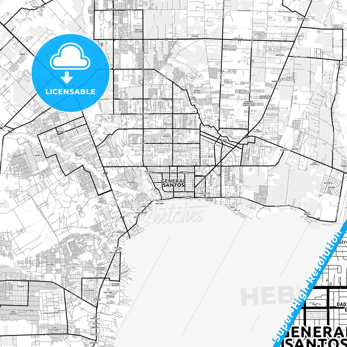 General Santos, Philippines Light Map with Street Names, City Names, and Districts