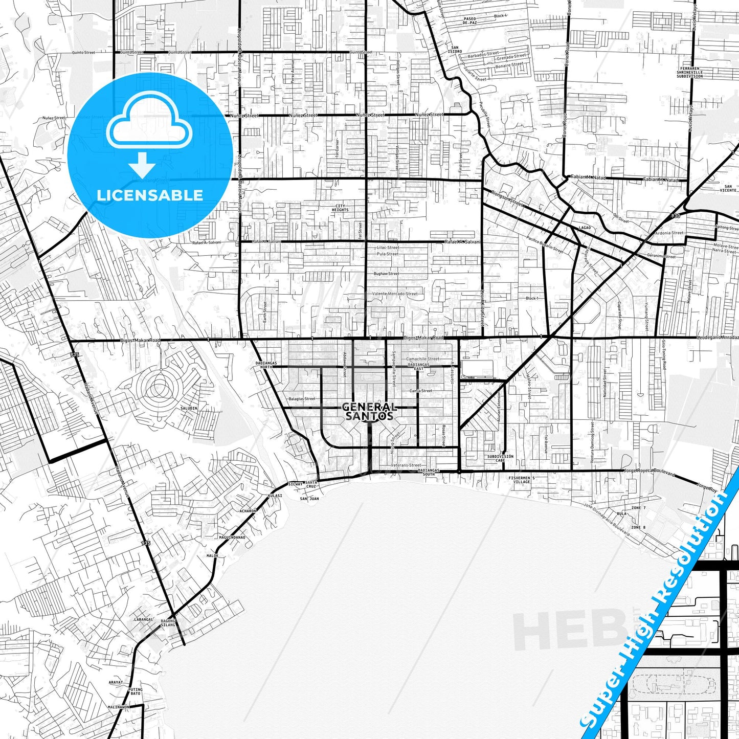 General Santos, Philippines Light Map with Street Names, City Names, and Districts