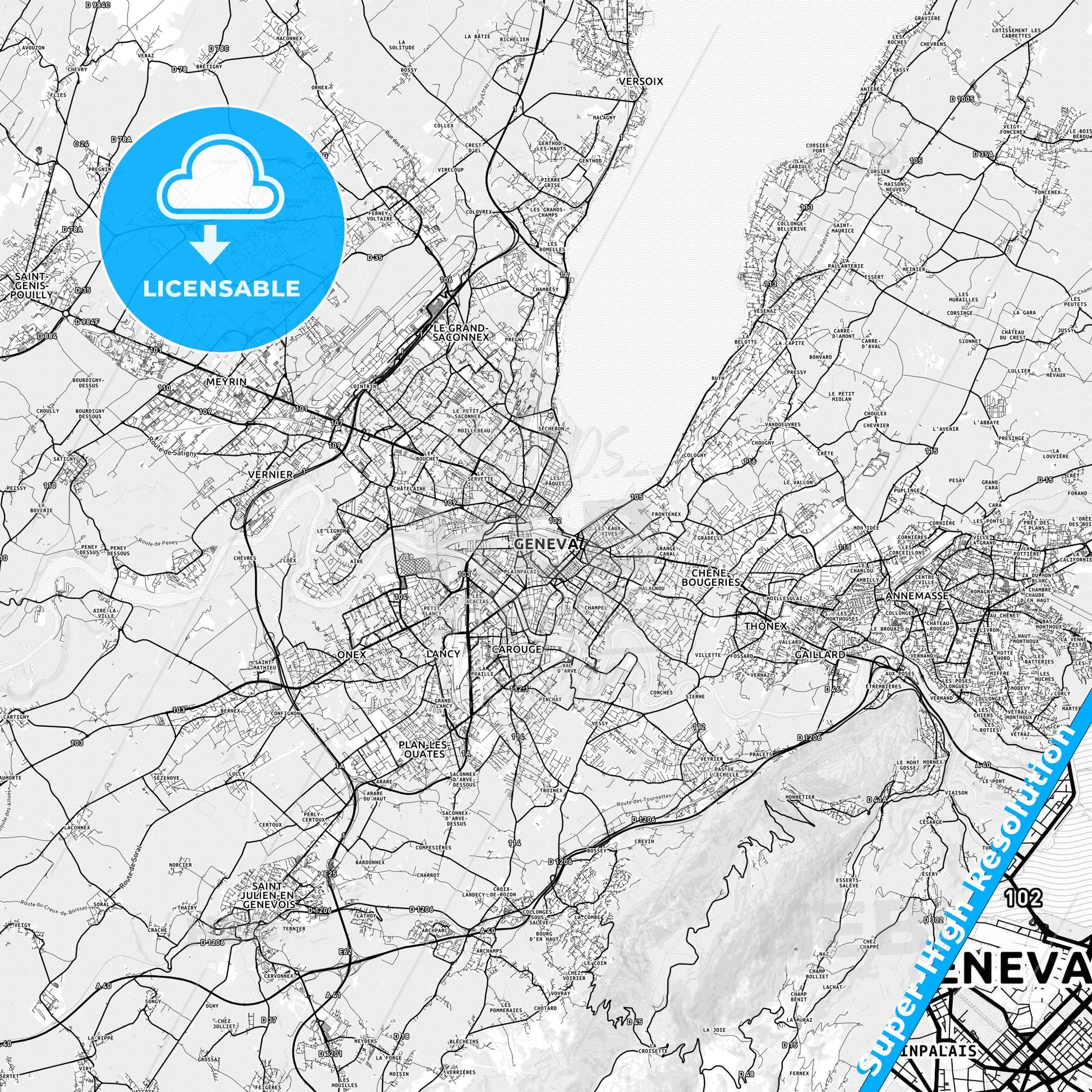 Geneva, Switzerland light map with streetnames, citynames and districts