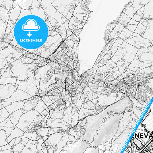 Geneva, Switzerland light map with streetnames, citynames and districts