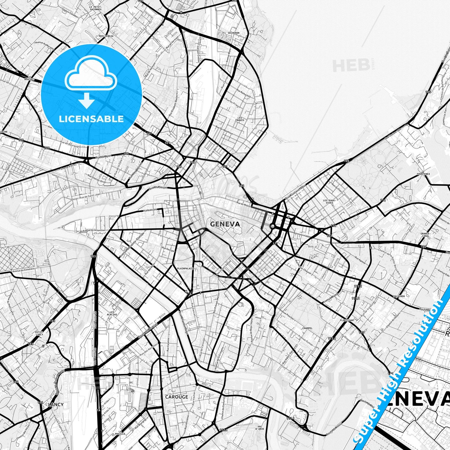 Geneva, Switzerland Light Map with Street Names, City Names, and Districts