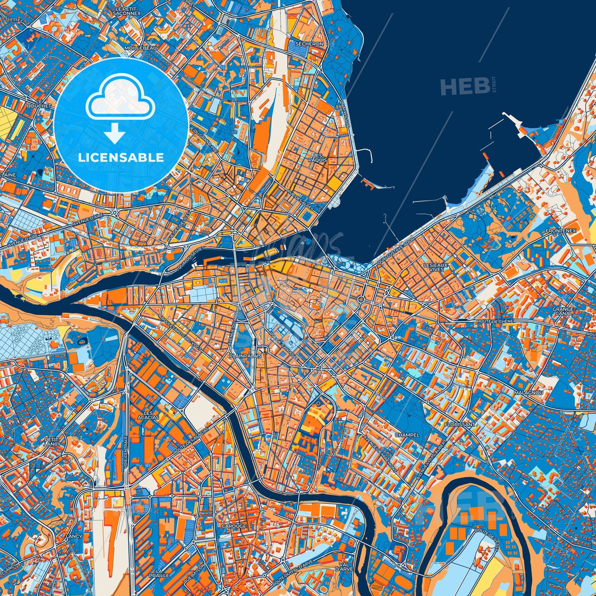 Colorful Geneva Street Map with Labels and Buildings