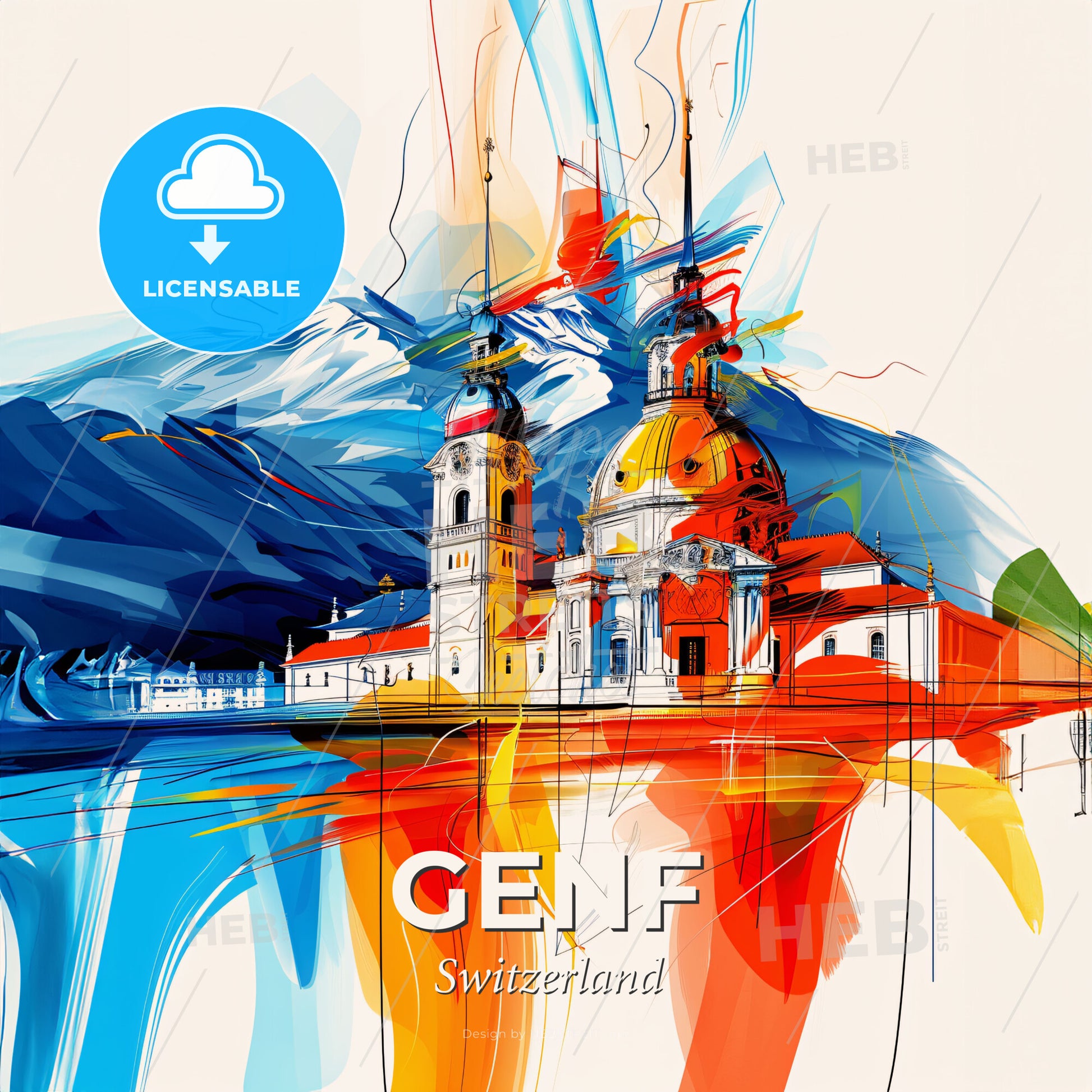 Vibrant Genf, Switzerland - A Painting Of A Building With A Colorful Background - Square format print template