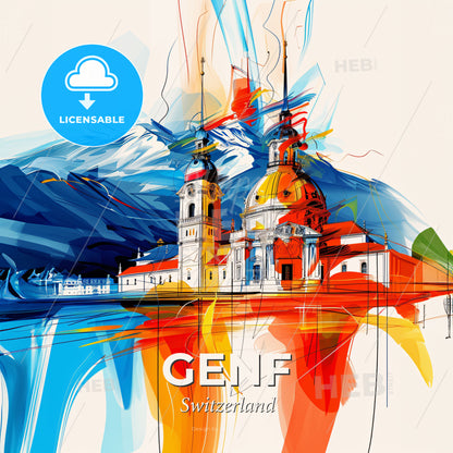 Vibrant Genf, Switzerland - A Painting Of A Building With A Colorful Background - Square format print template