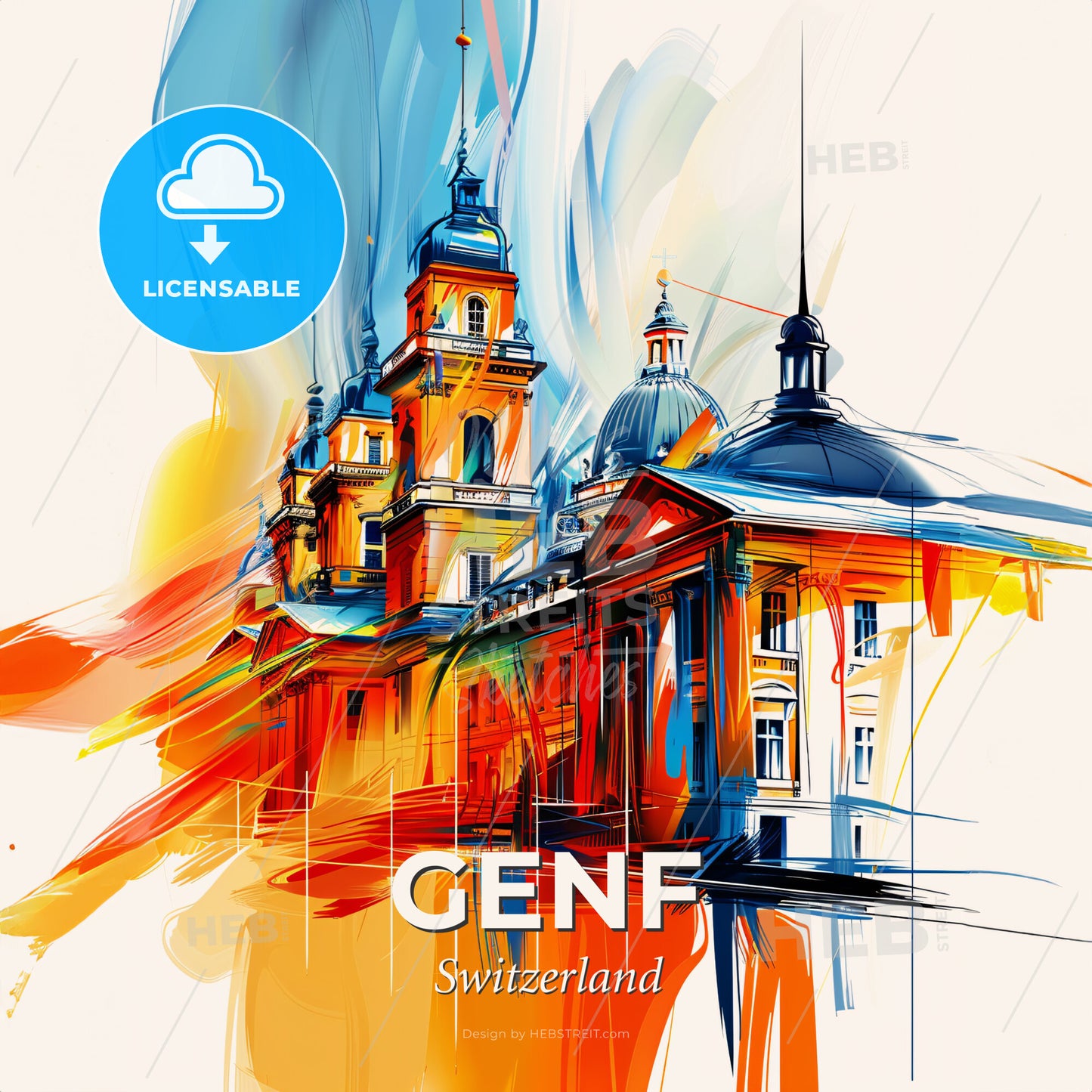Vibrant Genf, Switzerland - A Painting Of A Building With A Colorful Background - Square format print template