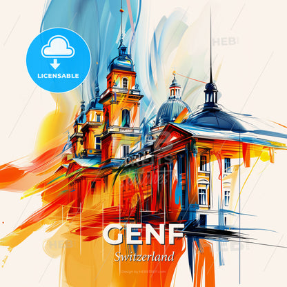 Vibrant Genf, Switzerland - A Painting Of A Building With A Colorful Background - Square format print template