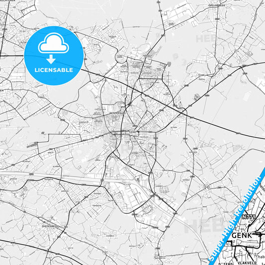 Genk, Belgium light map with streetnames, citynames and districts