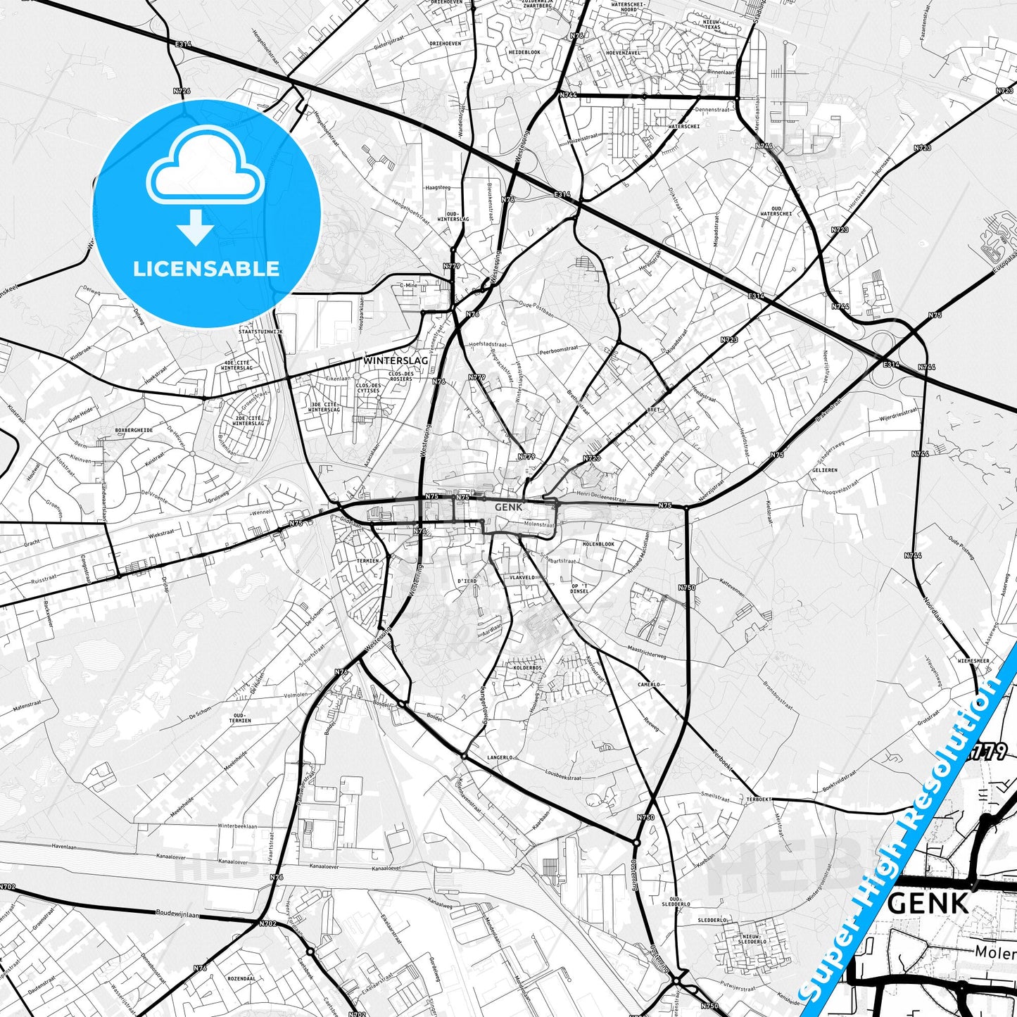 Genk, Belgium Light Map with Street Names, City Names, and Districts