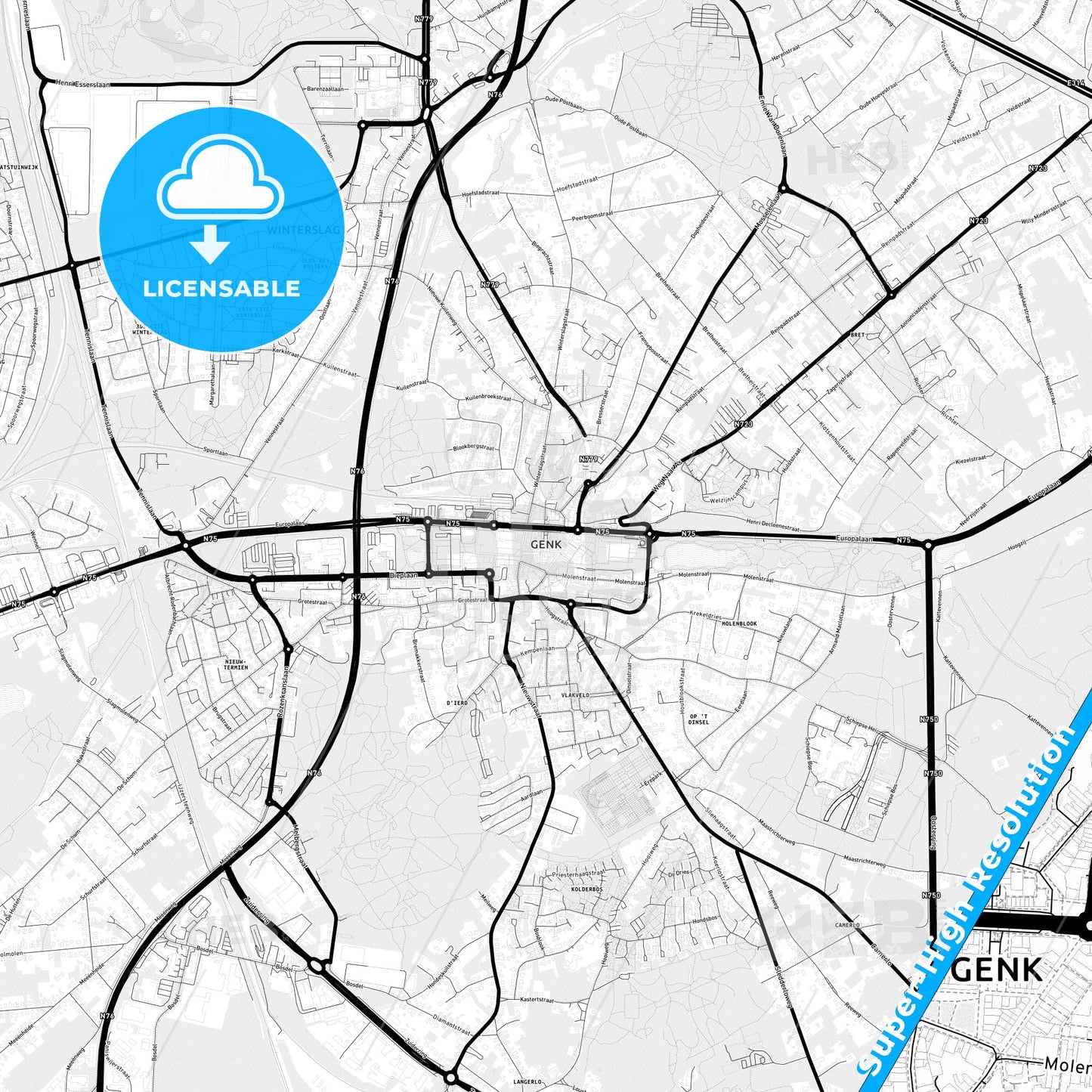 Genk, Belgium Light Map with Street Names, City Names, and Districts