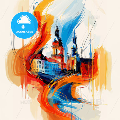 Vibrant Genk, Belgium - A Painting Of A Building With A Tower And A Fire