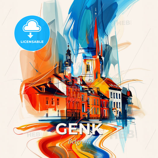 Vibrant Genk, Belgium - A Painting Of Buildings And A Tower - Square format print template