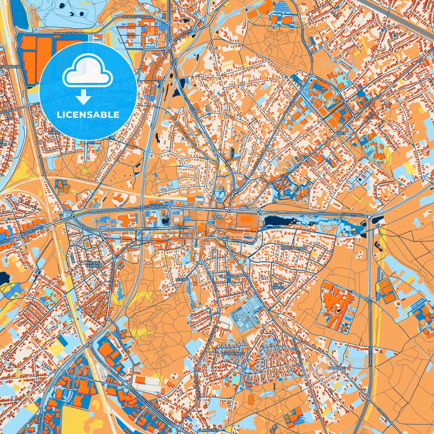 Colorful Genk Street Map with Labels and Buildings