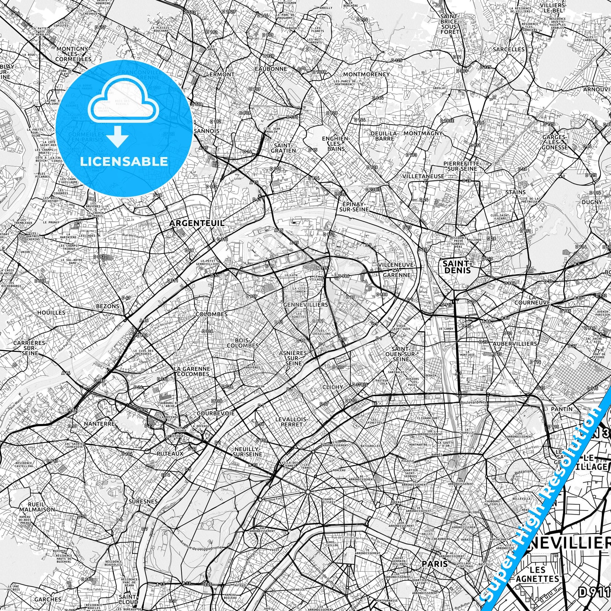 Gennevilliers, France light map with streetnames, citynames and districts