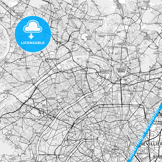 Gennevilliers, France light map with streetnames, citynames and districts