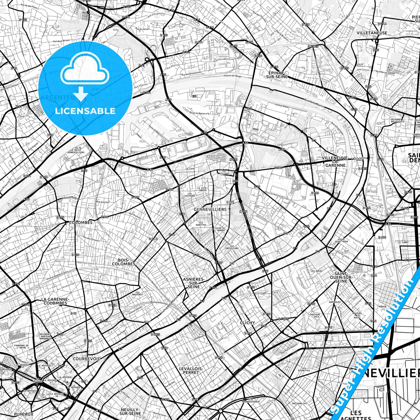 Gennevilliers, France Light Map with Street Names, City Names, and Districts