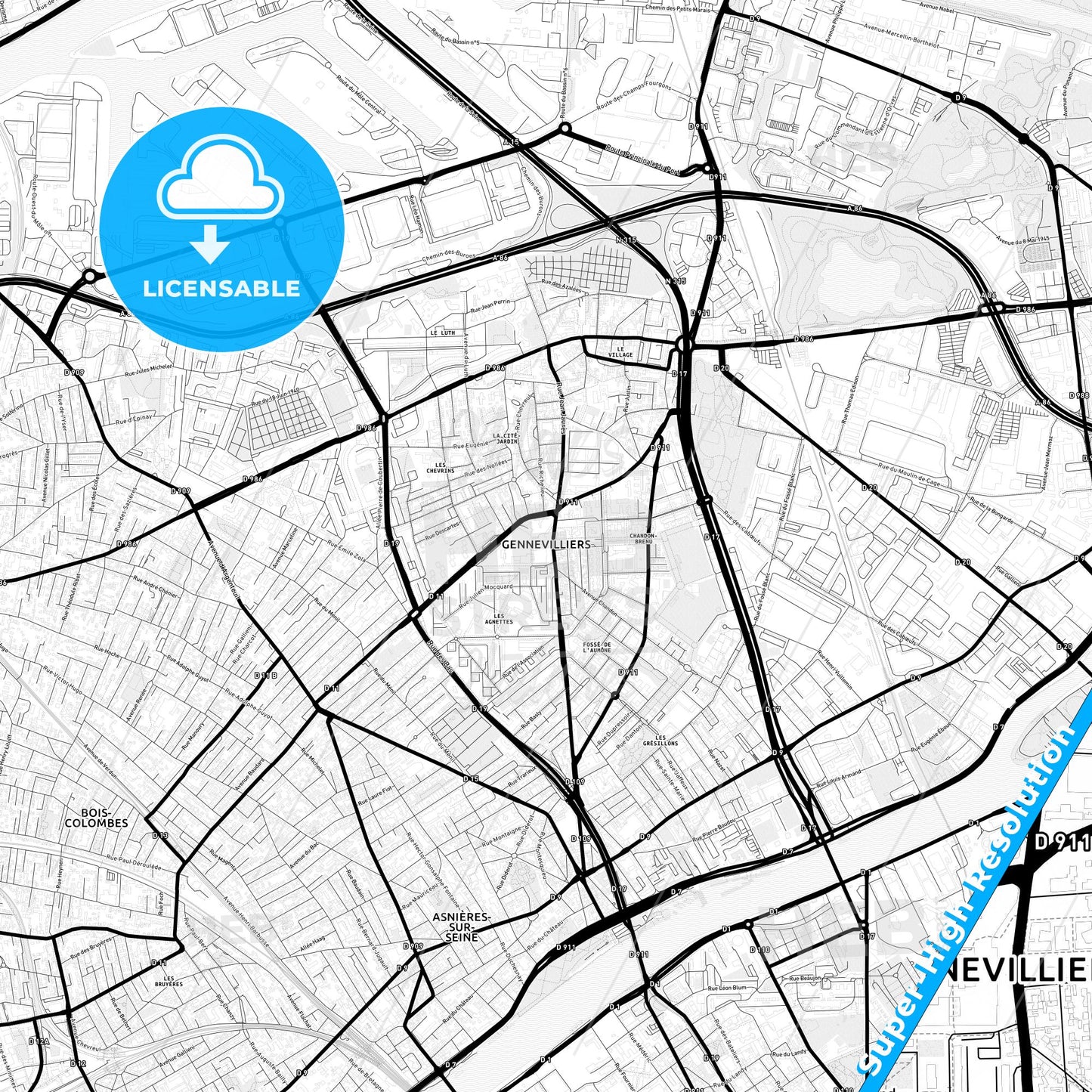 Gennevilliers, France Light Map with Street Names, City Names, and Districts