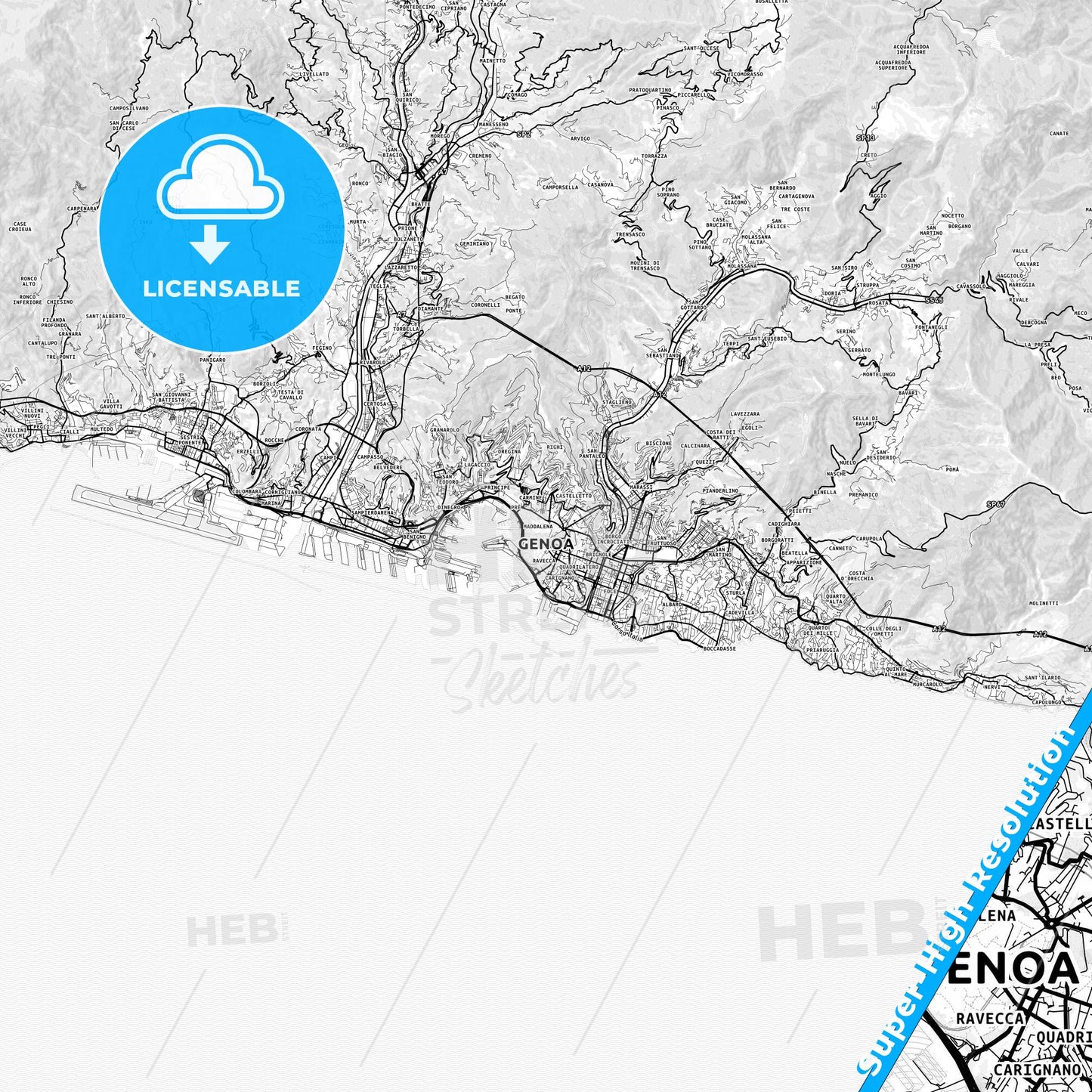 Genoa, Italy light map with streetnames, citynames and districts