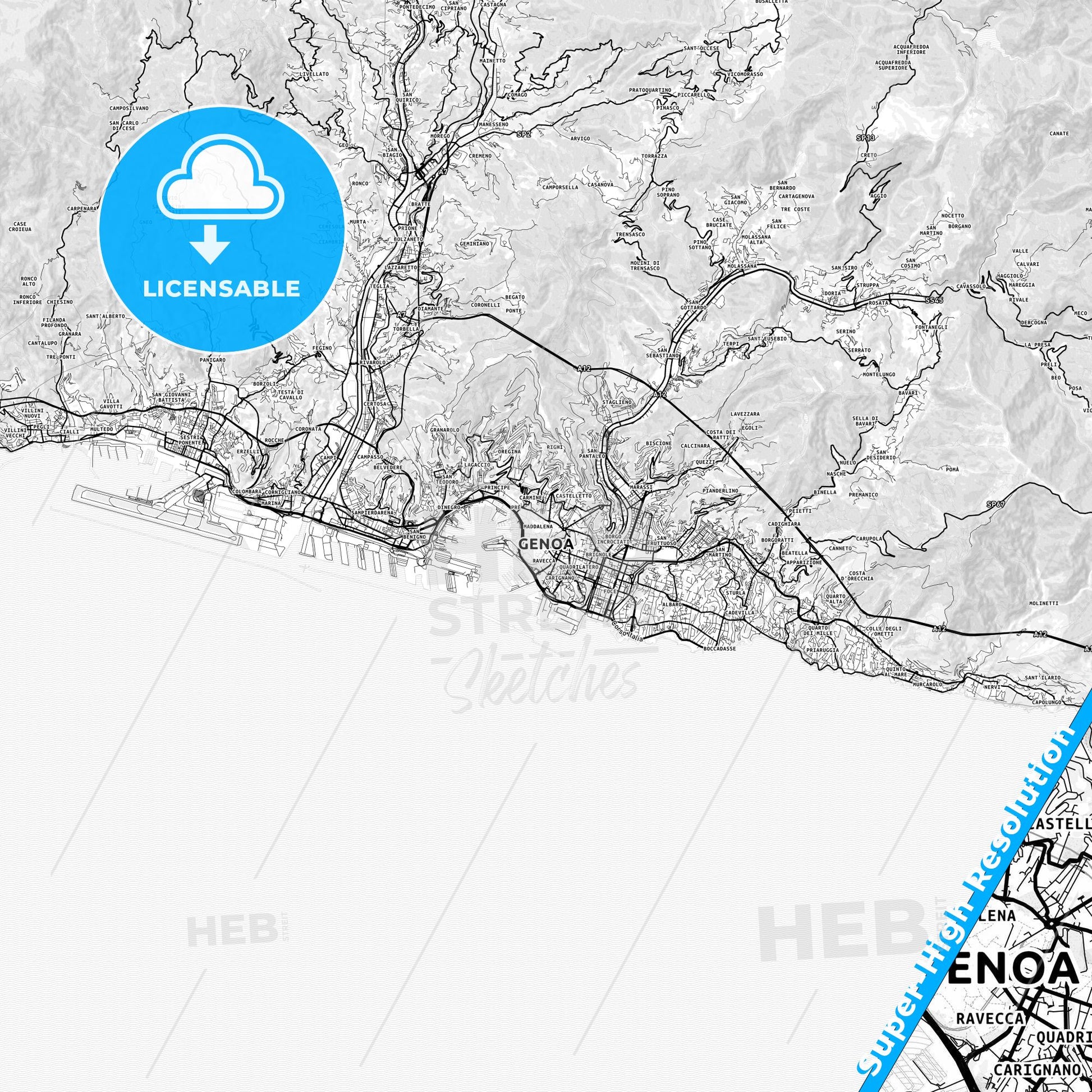 Genoa, Italy light map with streetnames, citynames and districts