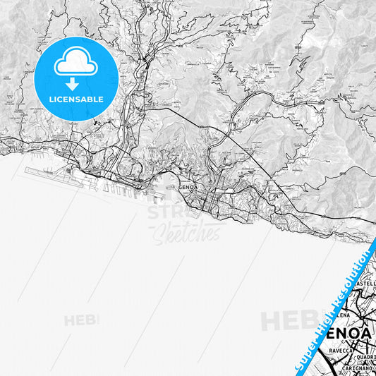 Genoa, Italy light map with streetnames, citynames and districts