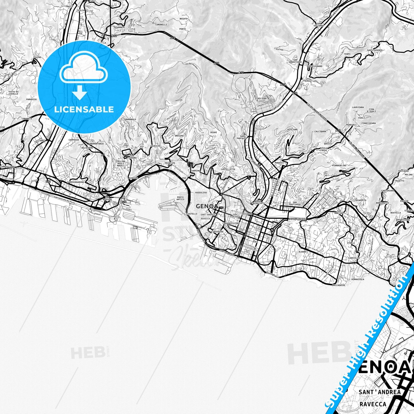 Genoa, Italy Light Map with Street Names, City Names, and Districts