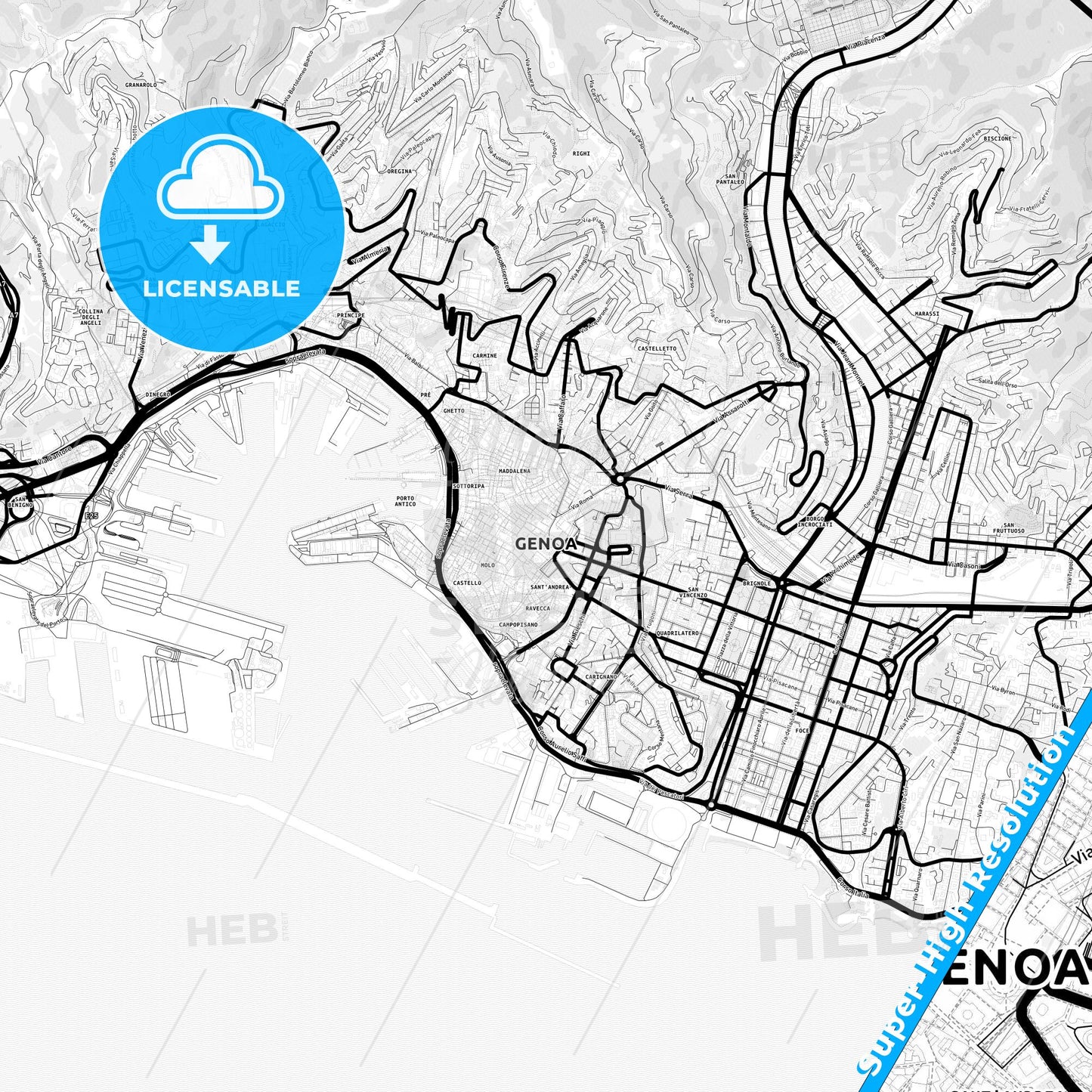 Genoa, Italy Light Map with Street Names, City Names, and Districts