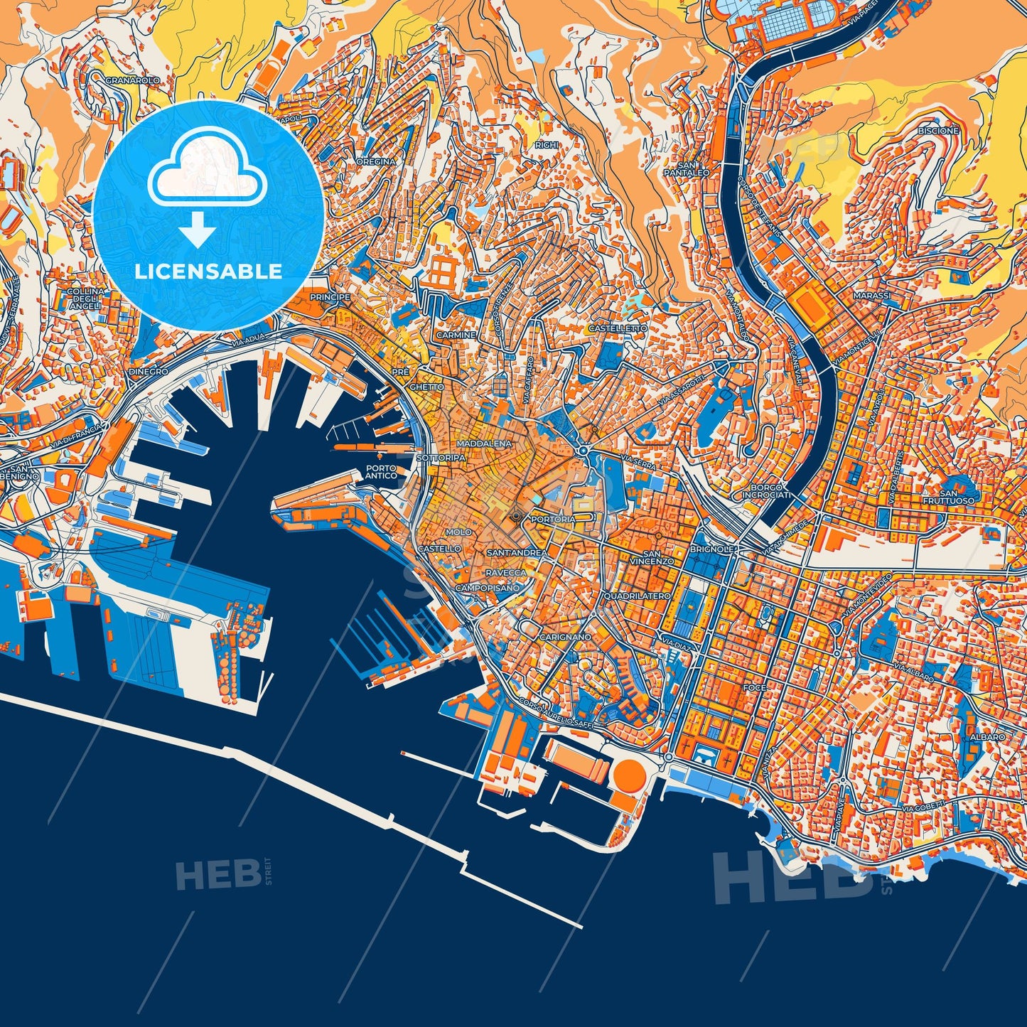 Colorful Genoa Street Map with Labels and Buildings