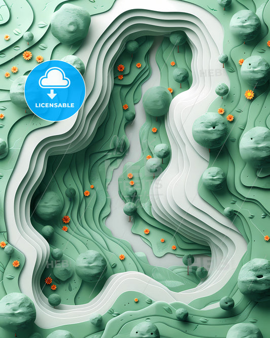 Modern art style landscape painting with a green color palette featuring a user interface inspired by Leo Natsume, presented as a bright green and white pop-up on a plain white background