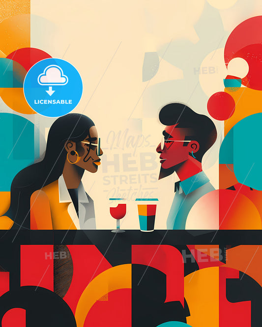 Artistic Onboarding Process Representation: Bold Colors, Flat Painting Focus, Man and Woman at Table with Drinks