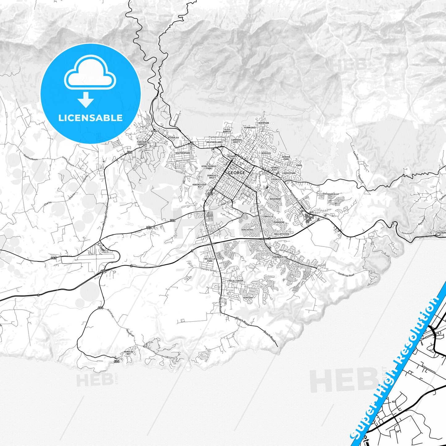 George, South Africa light map with streetnames, citynames and districts