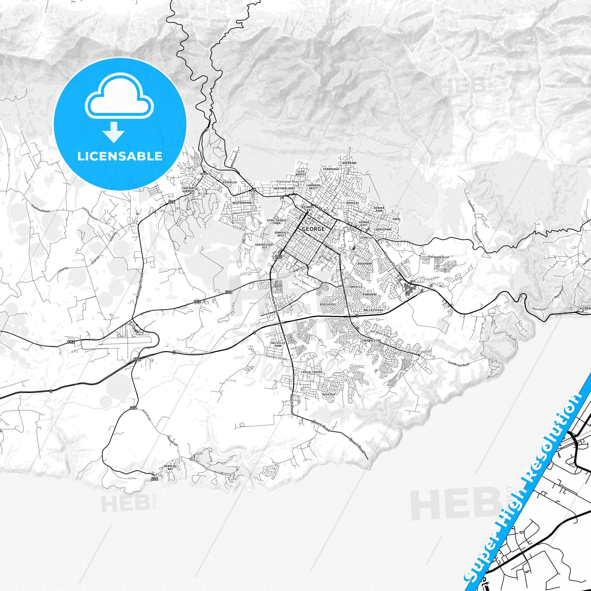 George, South Africa light map with streetnames, citynames and districts