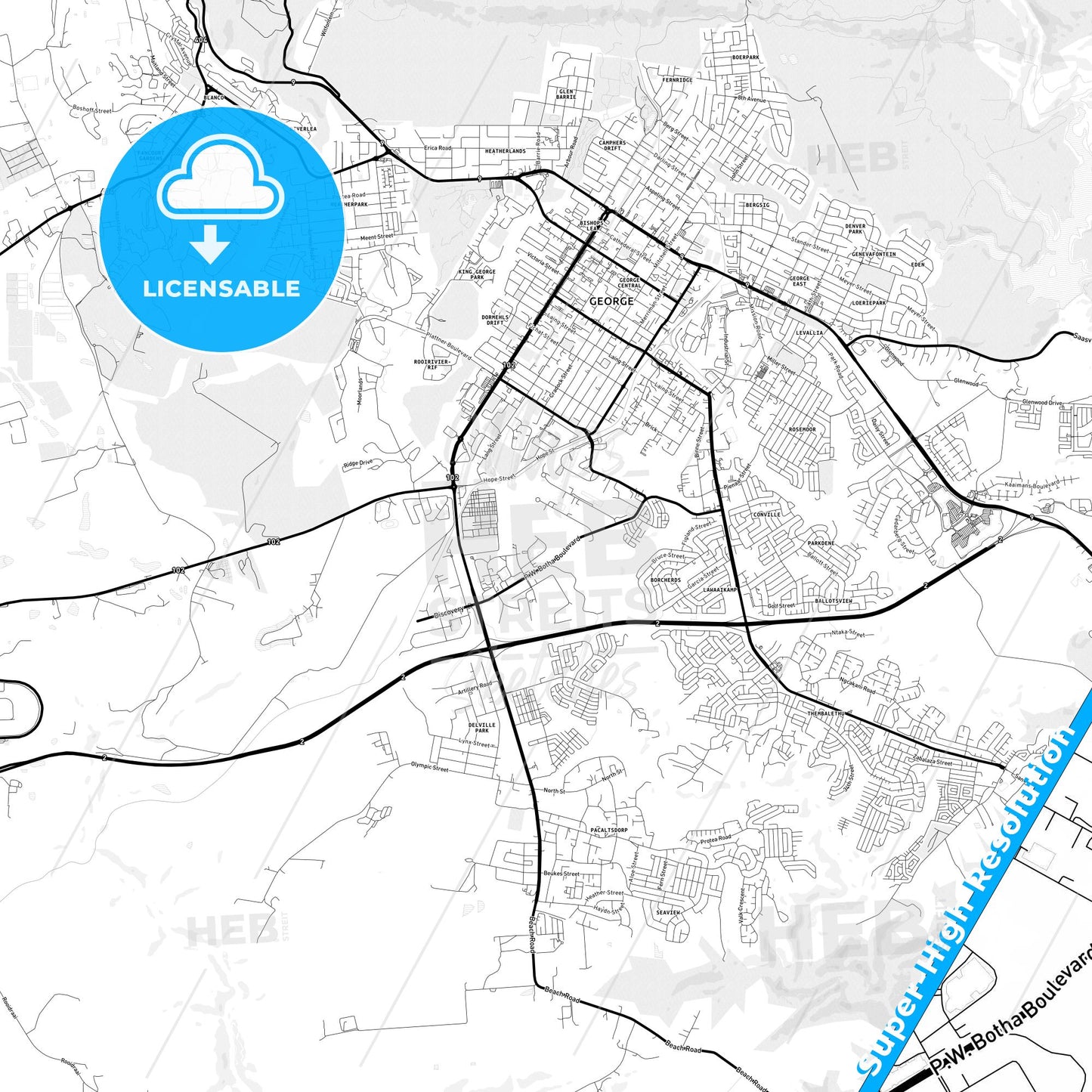 George, South Africa Light Map with Street Names, City Names, and Districts
