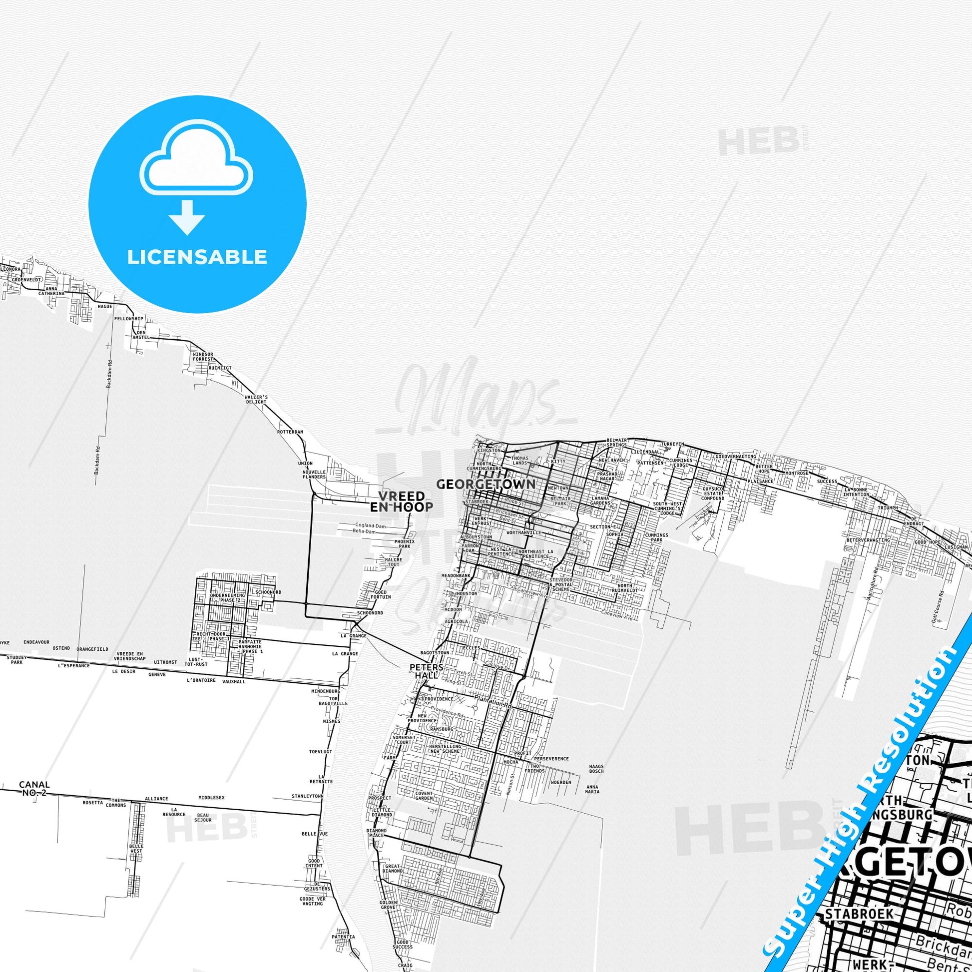 Georgetown, Guyana light map with streetnames, citynames and districts