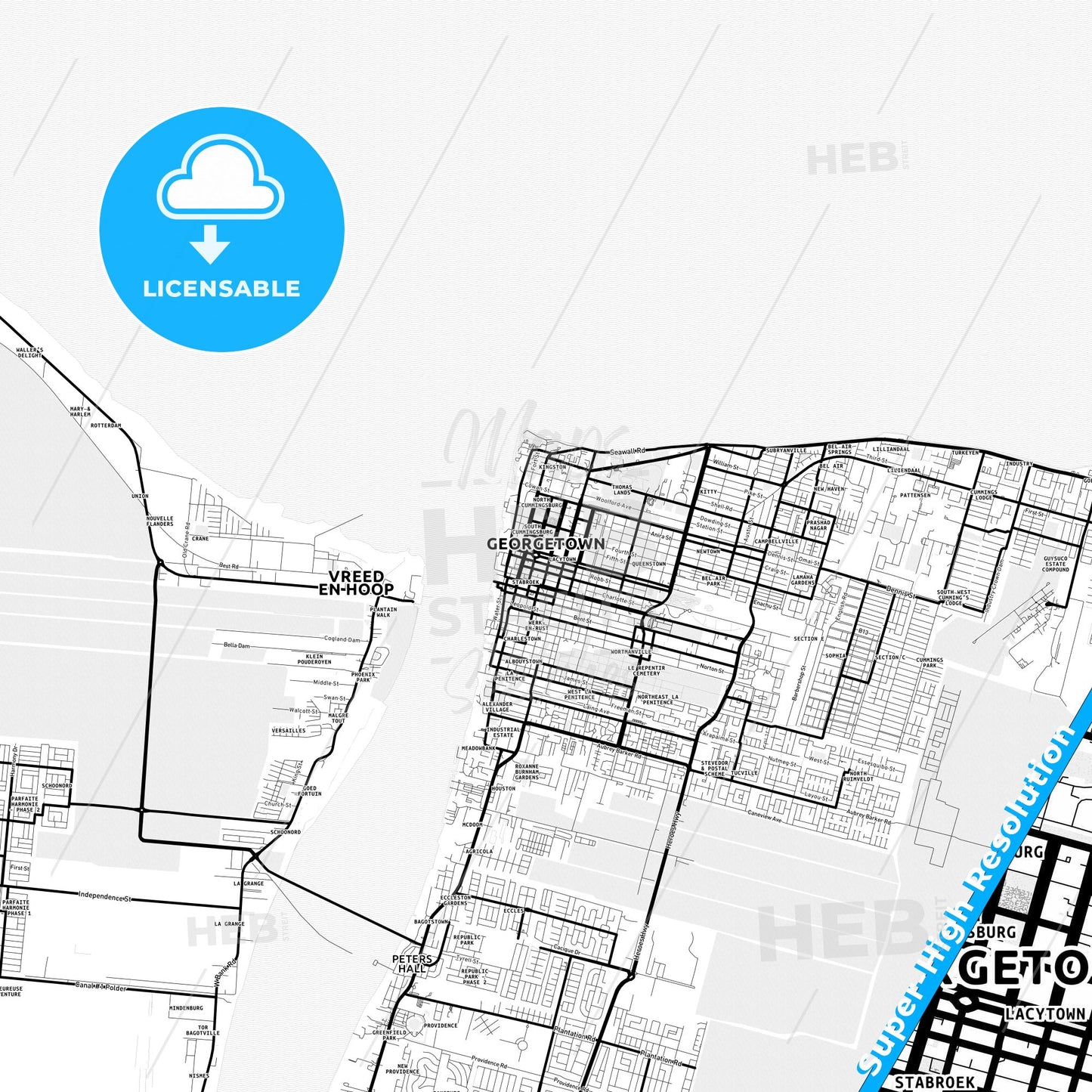 Georgetown, Guyana Light Map with Street Names, City Names, and Districts