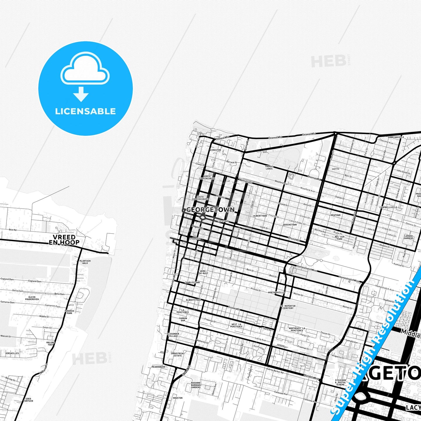 Georgetown, Guyana Light Map with Street Names, City Names, and Districts
