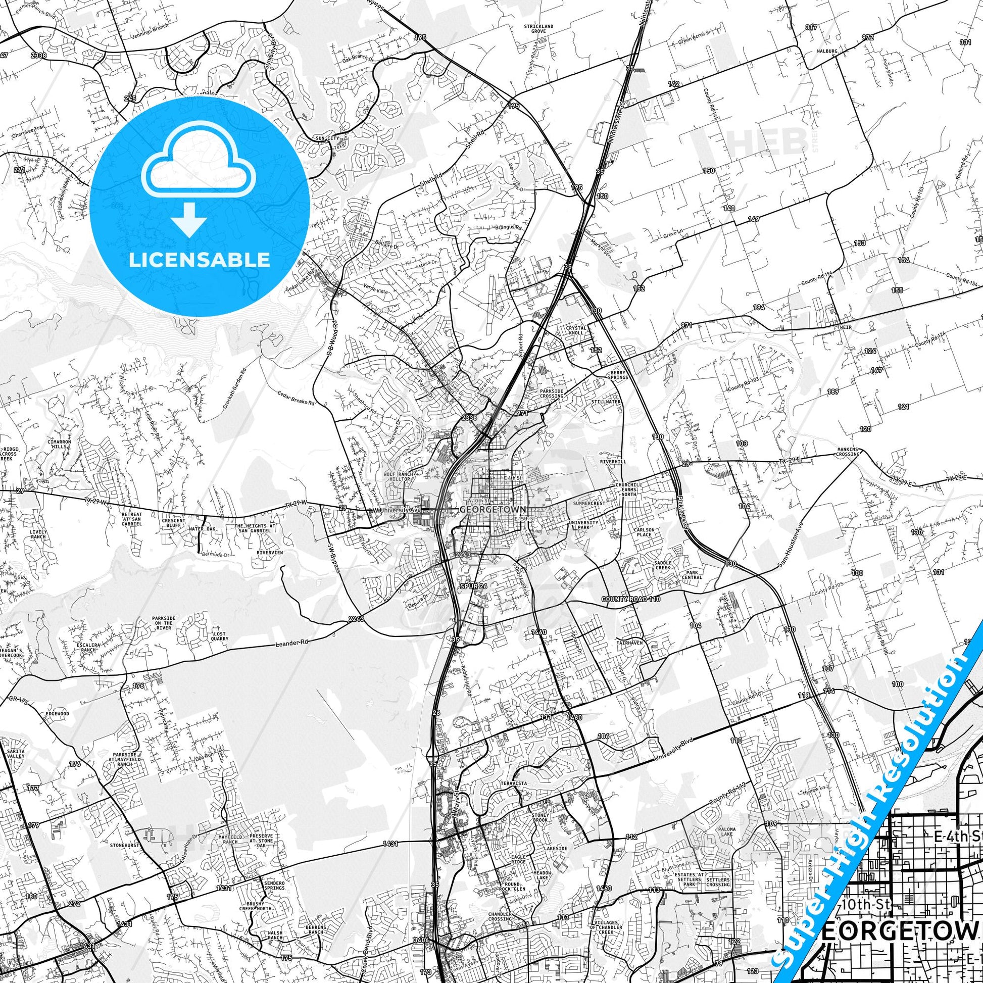 Georgetown, Texas light map with streetnames, citynames and districts