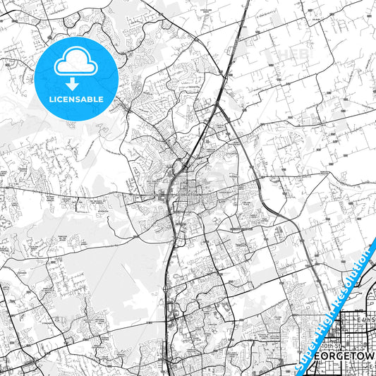 Georgetown, Texas light map with streetnames, citynames and districts