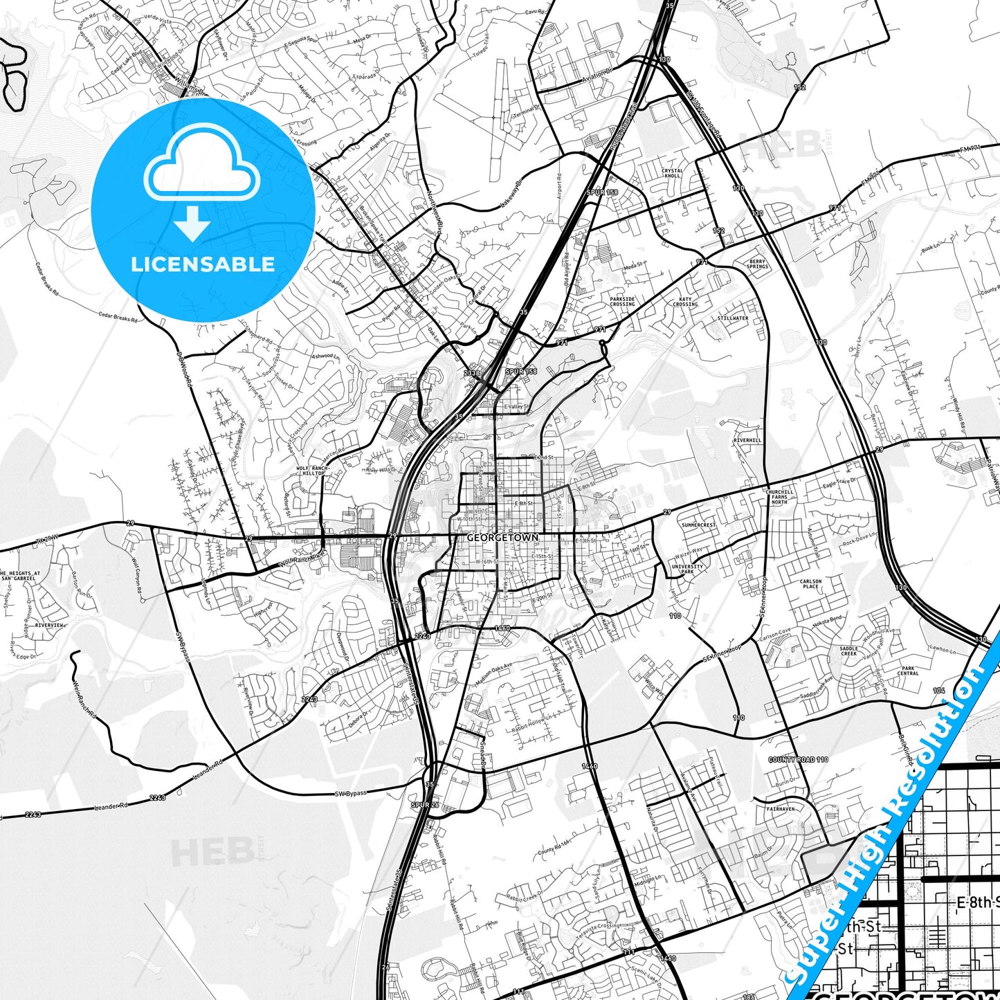 Georgetown, Texas Light Map with Street Names, City Names, and Districts