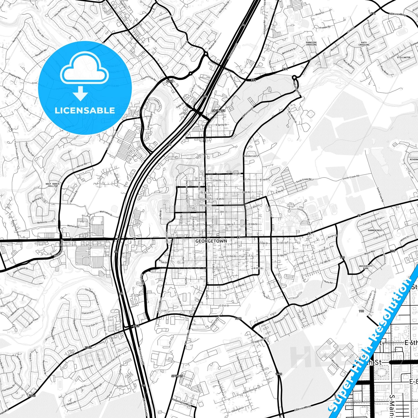 Georgetown, Texas Light Map with Street Names, City Names, and Districts