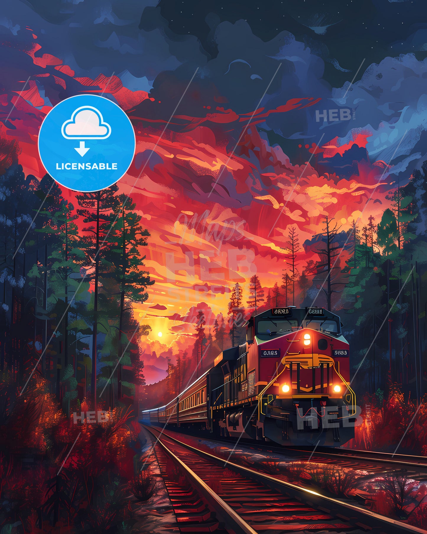 Georgia, USA - Painting of a Train on Tracks with Colorful Trees and a Sunset