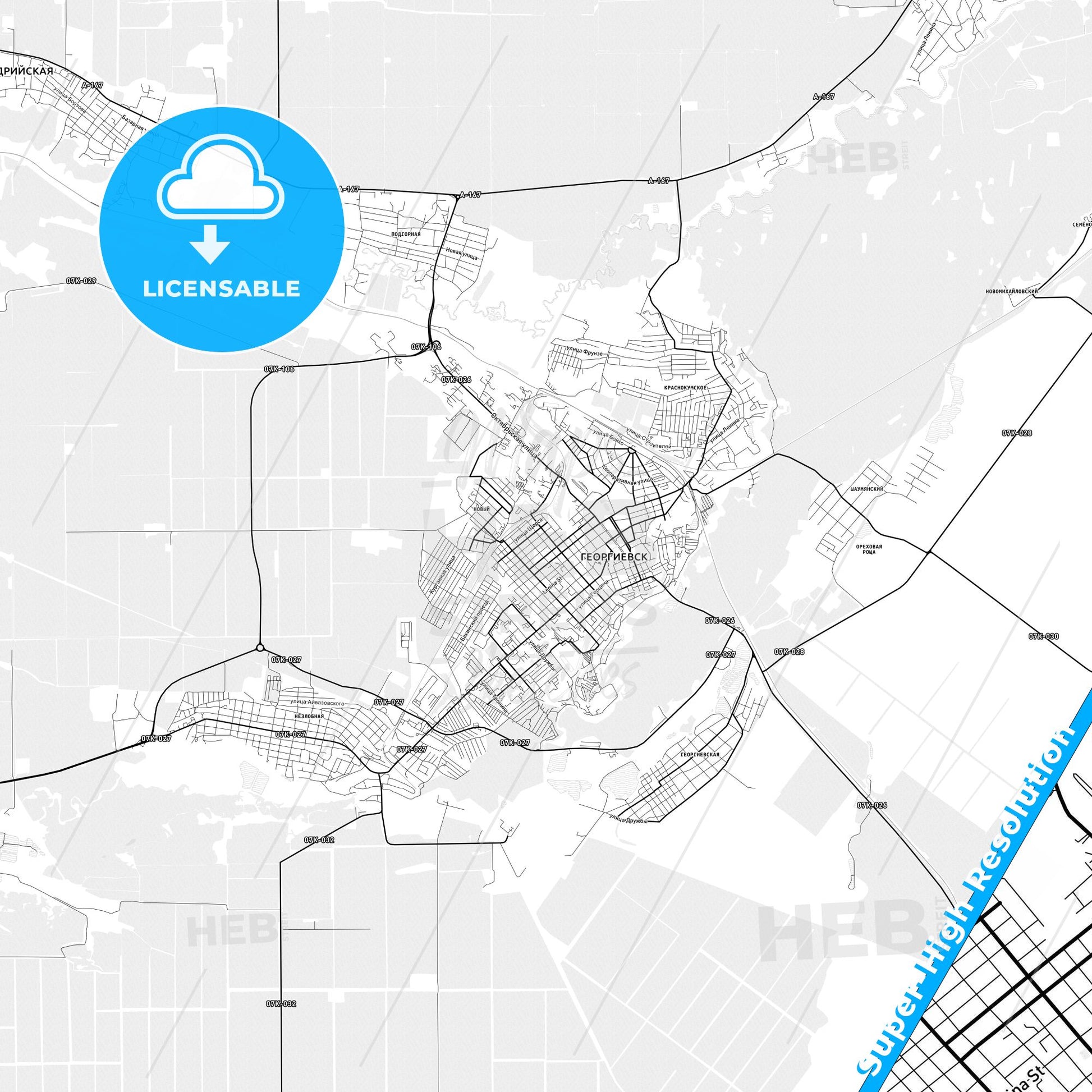 Georgiyevsk, Russia light map with streetnames, citynames and districts