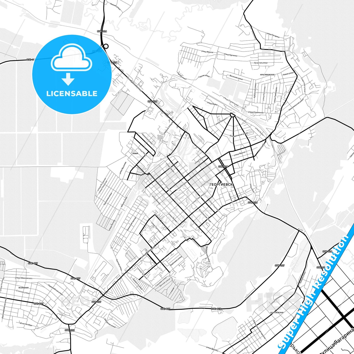 Georgiyevsk, Russia Light Map with Street Names, City Names, and Districts