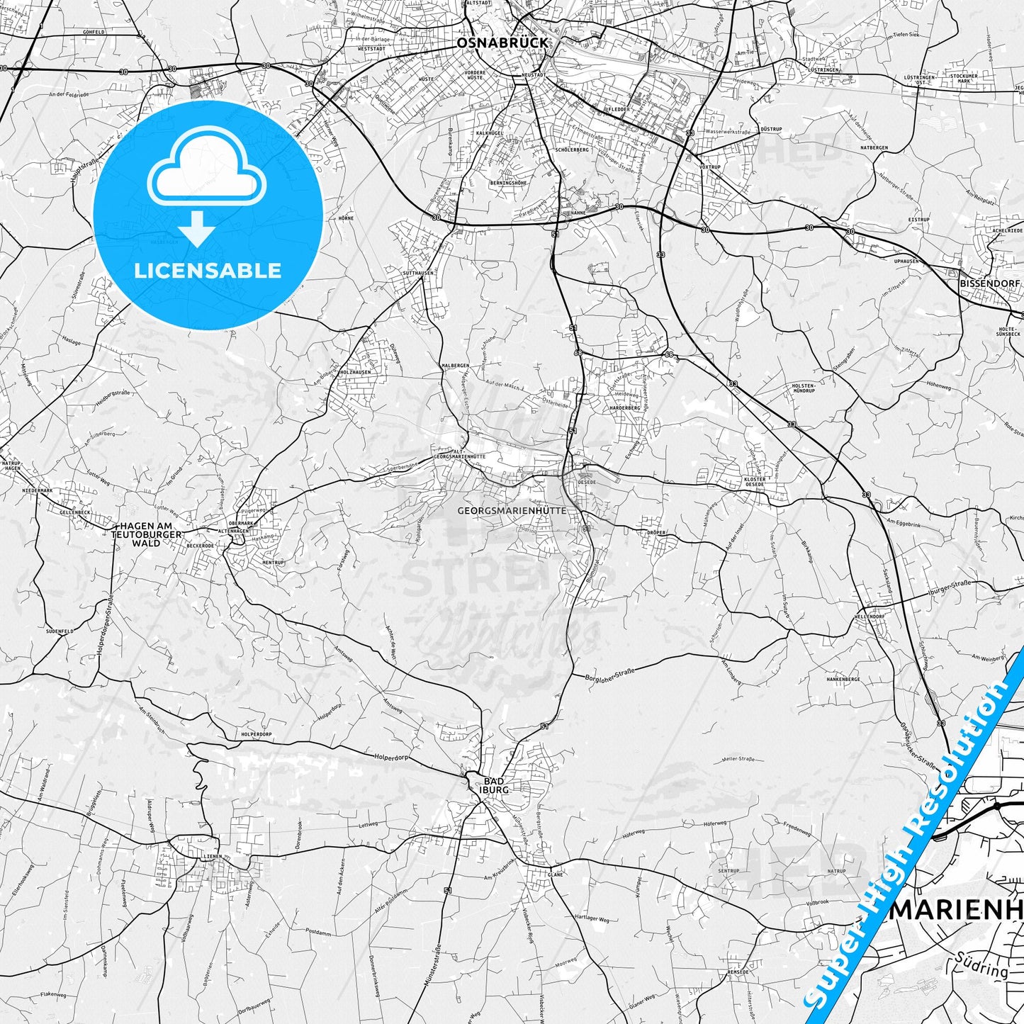 Georgsmarienhutte, Germany light map with streetnames, citynames and districts