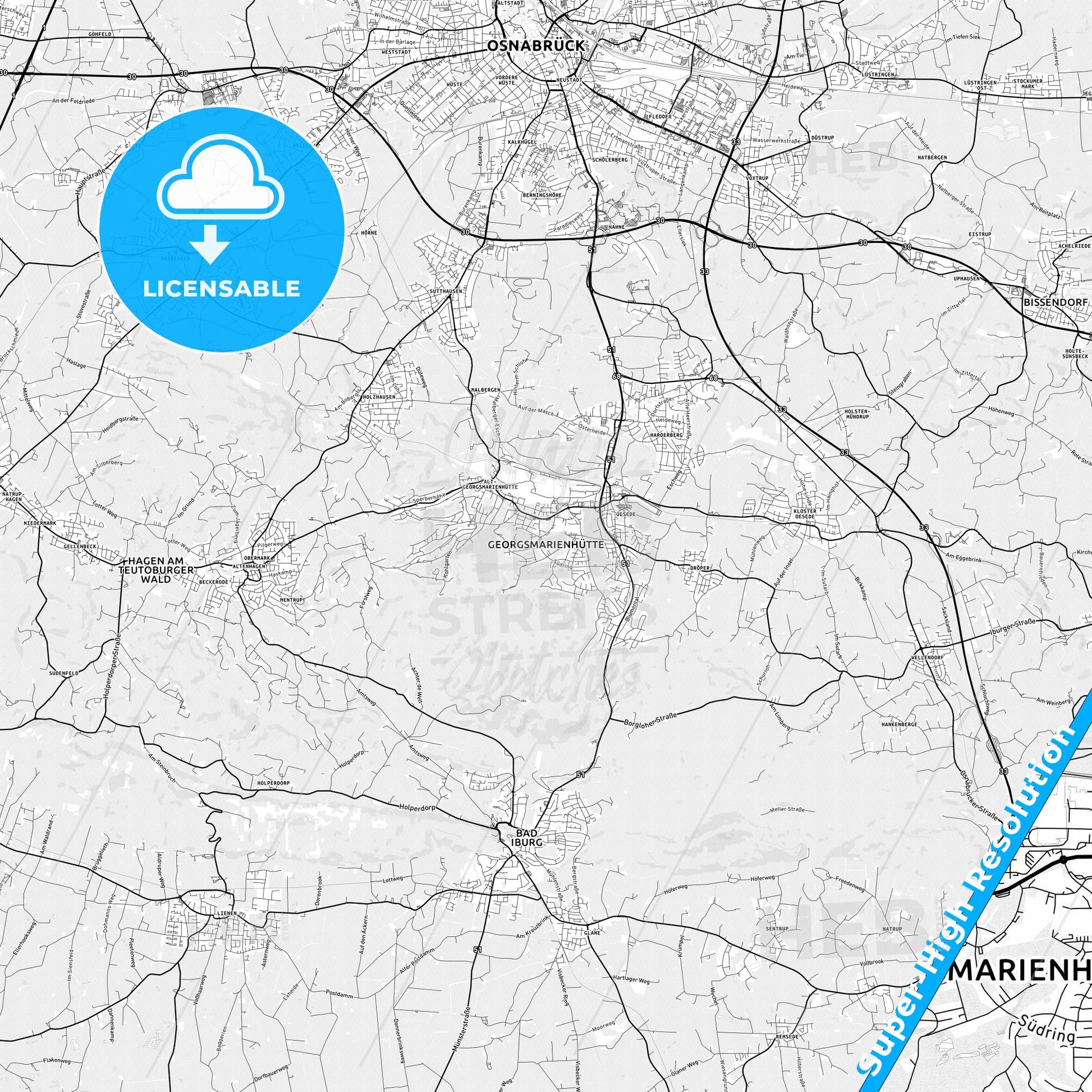 Georgsmarienhutte, Germany light map with streetnames, citynames and districts